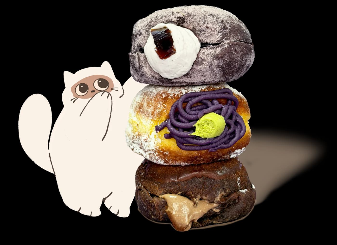 Tumpukan mochi donut Dou Donut bersama maskot